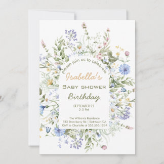 Aquarell-Wildblumen-Baby-Mädchen- Babyshower-Einla Einladung