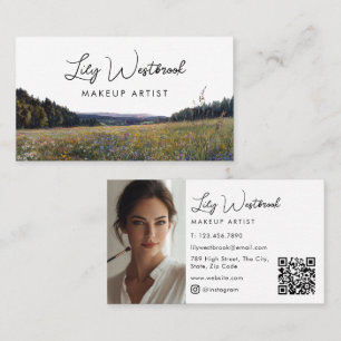 Aquarell-Wildblumen-Blumen-Schrift-Foto-QR-Code Visitenkarte