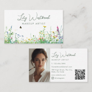 Aquarell-Wildblumen-Blumenskript-Foto-QR-Code Visitenkarte