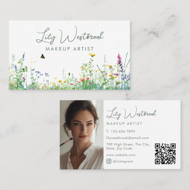 Aquarell-Wildblumen-Blumenskript-Foto-QR-Code Visitenkarte (Vorne/Hinten)