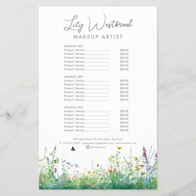 Aquarell-Wildblumen-Blumenskript-Service-Menü Flyer (Vorne)