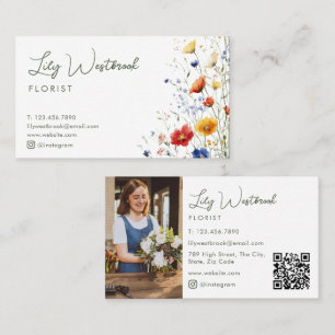 Aquarell-Wildblumen-elegantes-Schriftzug-Foto-QR-C Visitenkarte