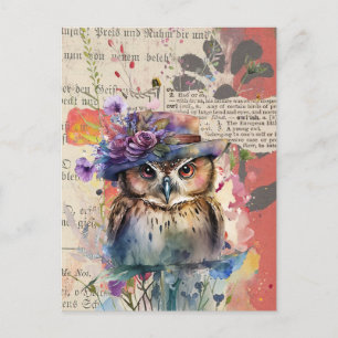Aquarell-Wildblumen-Eule Vintage-Collage Postkarte