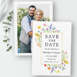 Aquarell-Wildblumen Foto Save the Date Gold