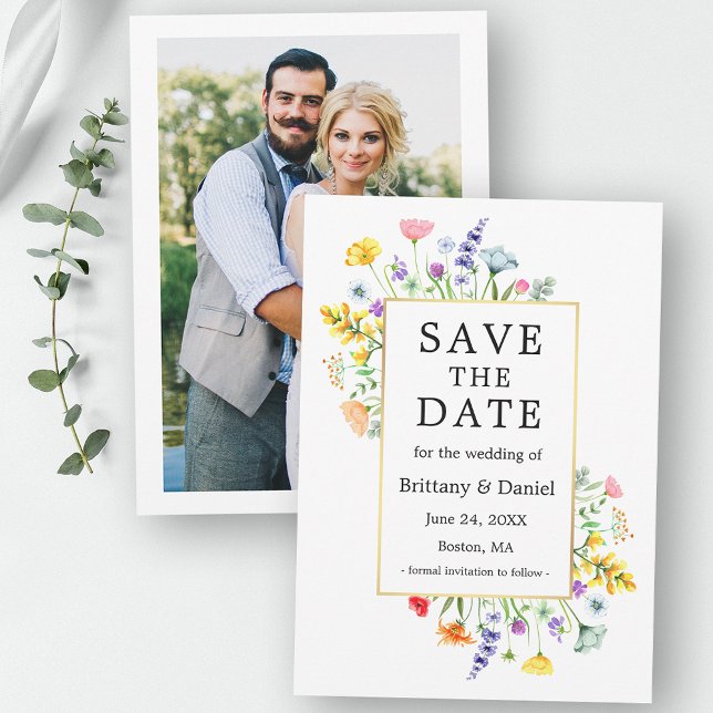 Aquarell-Wildblumen Foto Save the Date Gold (Customize to change text size, color or style.)