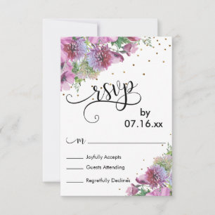 Aquarell-Wildblumen, Gold-Konfetti, Schrift-RSVP RSVP Karte