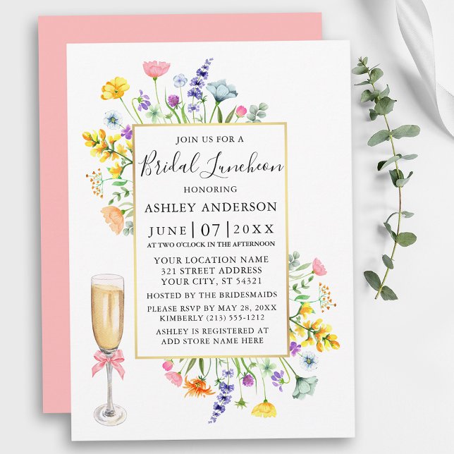 Aquarell Wildblumen Gold Pink Bridal Luncheon Einladung (Customize to change text color, text style or color of back of card.)