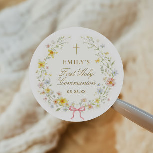 Aquarell-Wildblumen Goldkreuz Erste Kommunion Runder Aufkleber