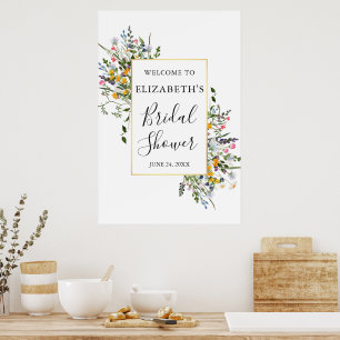 Aquarell-Wildblumen Goldrahmen Brautparty Poster