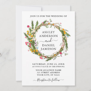 Aquarell-Wildblumen-Holz-Kranz-Hochzeit Einladung