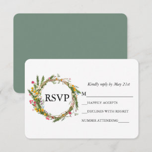 Aquarell-Wildblumen-Kranz-Hochzeit-Salbei-Grün RSVP Karte