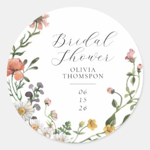 Aquarell-Wildblumen-Kranz-Schrift-Brautabschiedspa Runder Aufkleber