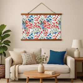 Aquarell-Wildblumen-Mohn-Gänseblümchen-Holz-Wandte Wandteppich Mit Holzrahmen