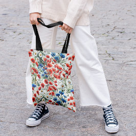 Aquarell-Wildblumen-Mohn-Gänseblümchen-Tragetasche Tasche