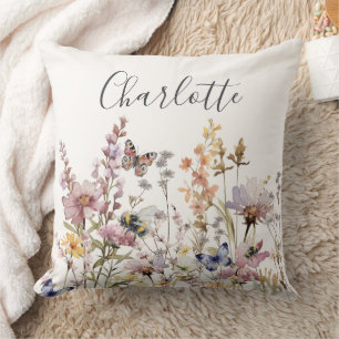 Aquarell-Wildblumen-Monogramm-Name Kissen