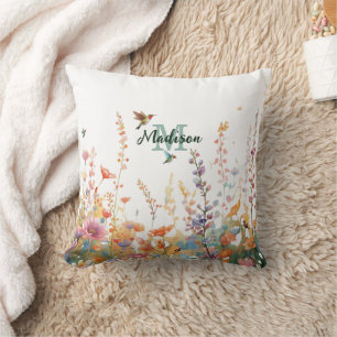 Aquarell-Wildblumen-Monogramm Personalisierter Nam Kissen