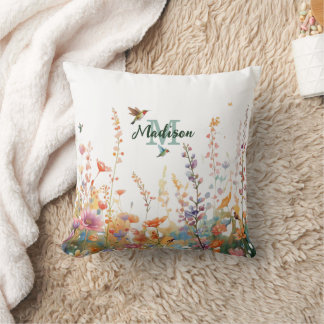 Aquarell-Wildblumen-Monogramm Personalisierter Nam Kissen