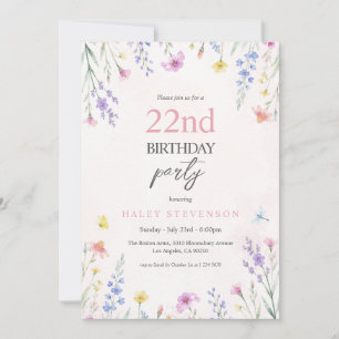 Aquarell-Wildblumen-Pastell-Blumen 22. Geburtstag Einladung