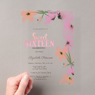 Aquarell-Wildblumen Rosa Boho-Blumen Sweet 16 Acryleinladungen