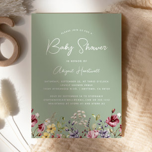 Aquarell-Wildblumen Salbeigrün Baby Shower Einladung