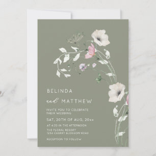 Aquarell-Wildblumen Salbeigrün lockere Hochzeit Einladung