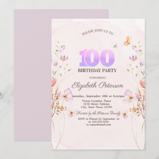 Aquarell-Wildblumen-Schmetterling 100. Geburtstag  Einladung