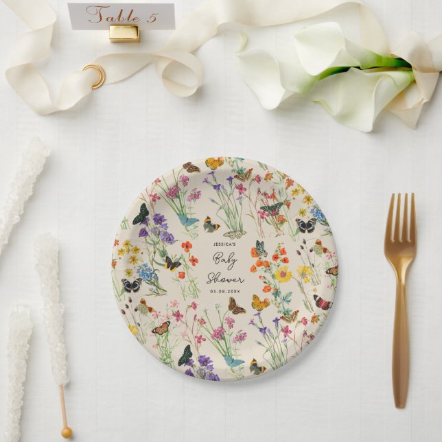 Aquarell Wildblumen Schmetterlinge Kinderdusche Pappteller (Hochzeit)