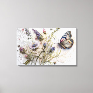 Aquarell-Wildblumen und Butterfly-Leinwand Leinwanddruck
