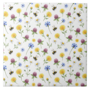 Aquarell-Wildblumen und Honigbienen Fliese