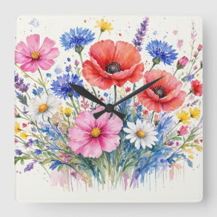 Aquarell-Wildblumen-Wiesen-Sträußchen-Blumenkunst Quadratische Wanduhr