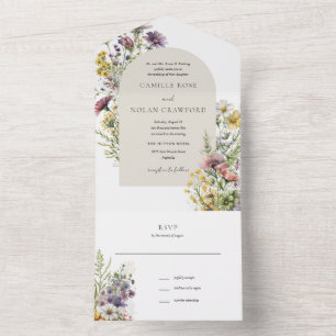 Aquarell-Wildblumengarten-Bogen-Blumenhochzeit All In One Einladung