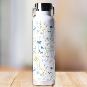 Aquarell-Wildblumenmuster Blau Gelb Trinkflasche