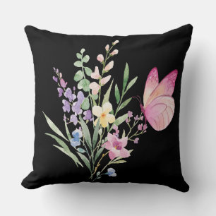 Aquarell-Wildblumenstrauß mit rosa Schmetterling Kissen