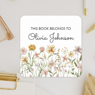 Aquarell-Wildblumenwiese-Exlibris Quadratischer Aufkleber