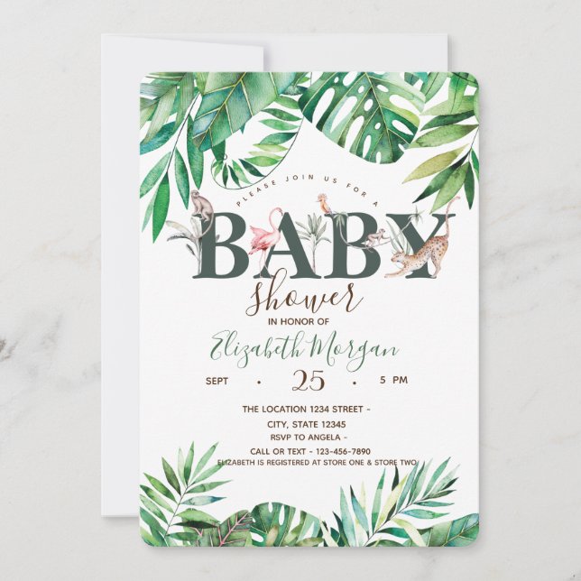 Aquarell Wilde Tiere Palm Blätter Kinderdusche Einladung (Vorderseite)