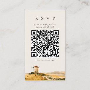 Aquarell-Windmühle-Griechische-Insel-QR-Code-RSVP- Begleitkarte