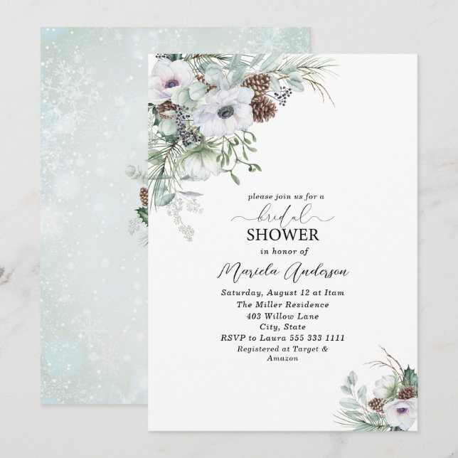Aquarell Winter Anemones Blume Bridal Showe Einladung (Vorne/Hinten)