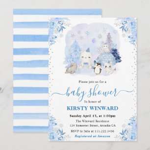 Aquarell Winter Arctic Animals Babydusche Einladung