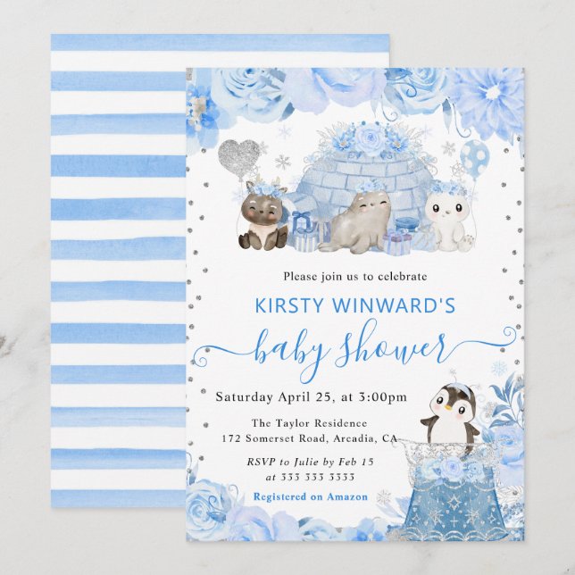 Aquarell Winter Arctic Animals Babydusche Einladung (Vorne/Hinten)