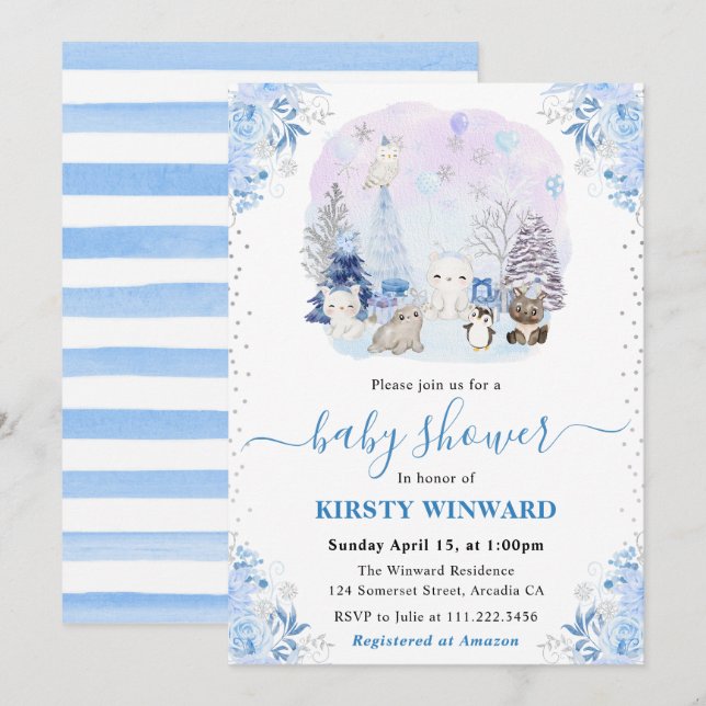 Aquarell Winter Arctic Animals Babydusche Einladung (Vorne/Hinten)