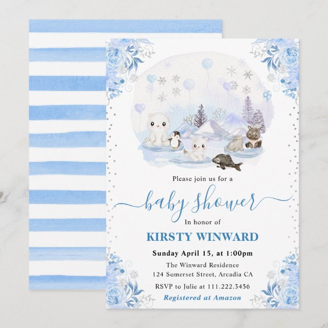 Aquarell Winter Arctic Animals Babydusche Einladung (Vorne/Hinten)