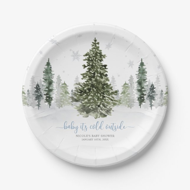 Aquarell Winter Forest Blue Baby Dusche Pappteller (Vorderseite)