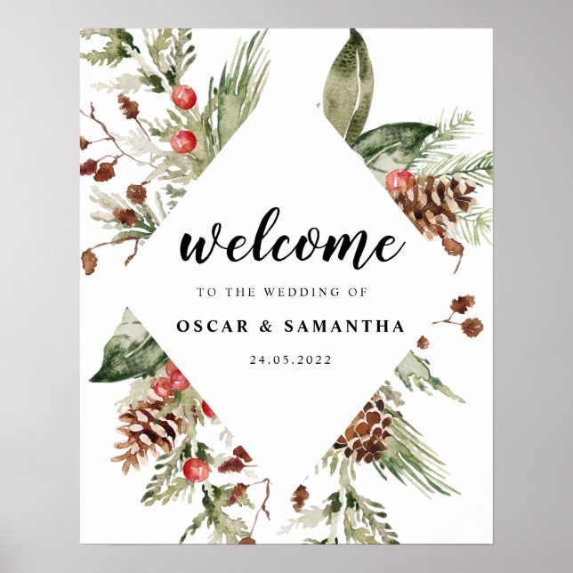 Aquarell Winter Grüne Kiefernwälder und Kieferkief Poster (Vorne)