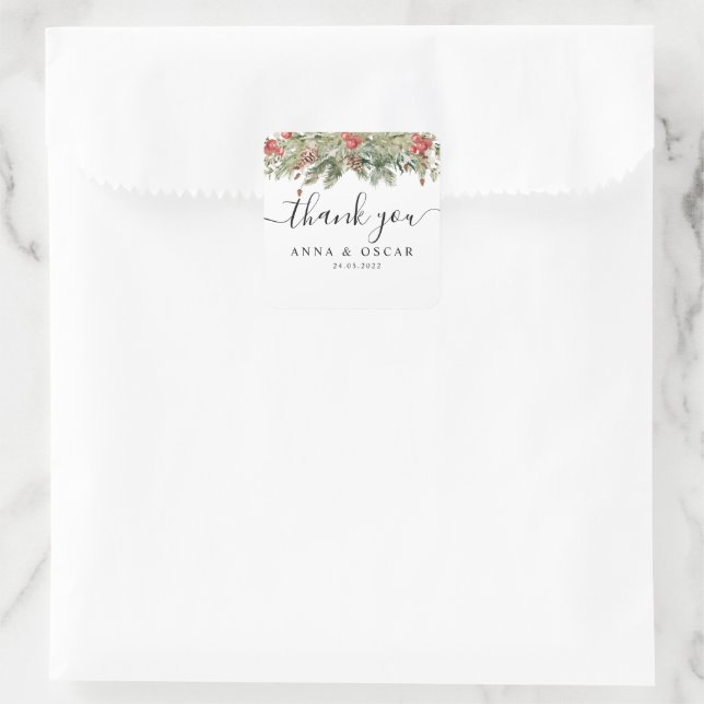 Aquarell Winter Grüne Kiefernwälder und Kiefernkon Quadratischer Aufkleber (Tasche)