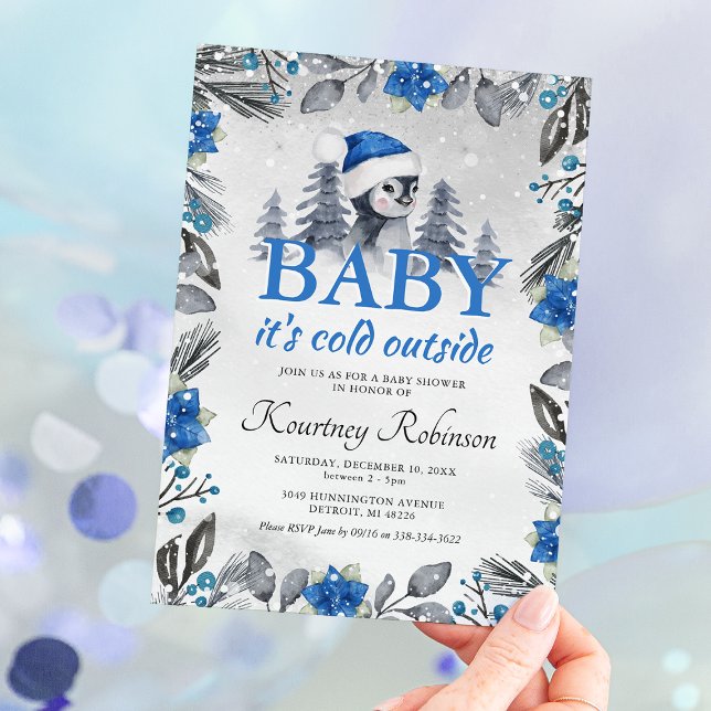 Aquarell Winter Penguin Blue Baby Dusche Einladung (Von Creator hochgeladen)