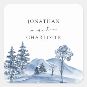 Aquarell-Winterbaum- und Berglandschaft-Hochzeit Quadratischer Aufkleber