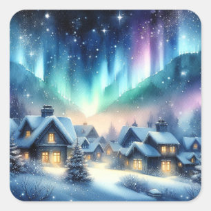 Aquarell-Winterdorf Schneebedeckte Weihnachten Quadratischer Aufkleber