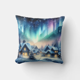 Aquarell-Winterdorf Schneebedecktes Weihnachten Kissen