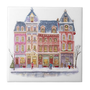 Aquarell-Winterdorf-Weihnachtsstadt Fliese