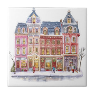Aquarell-Winterdorf-Weihnachtsstadt Fliese